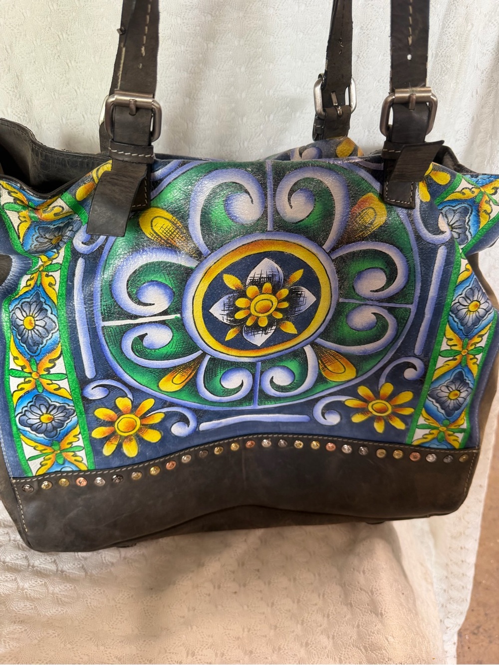 Hand-Painted Floral Tote Bag in Green, Blue & Yellow
